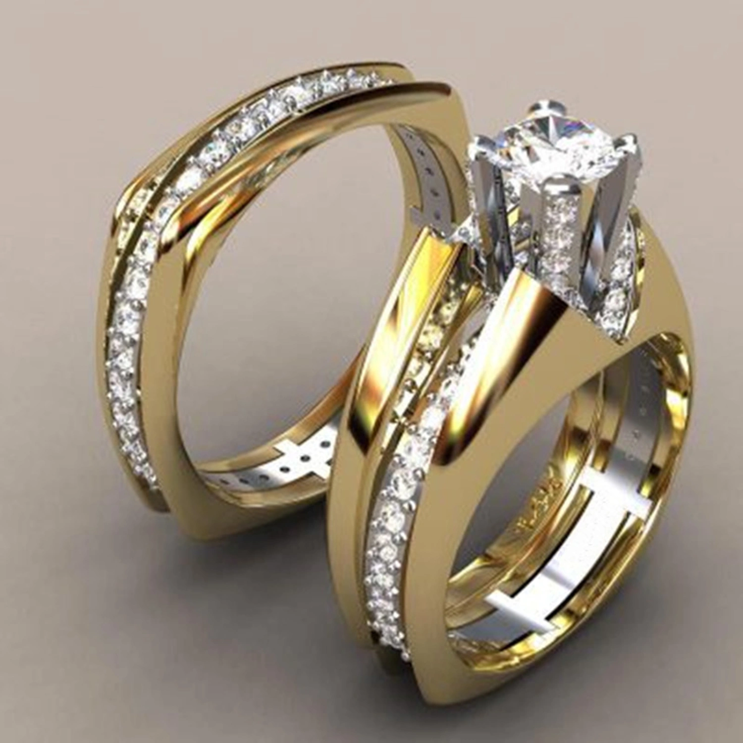 2Pcs Women Rings Two-color Gold-plated Shiny Geometric Sparkling Decoration Gifts Cubic Zirconia Inlaid Wedding Engagement Rings Jewelry for Girlfriend