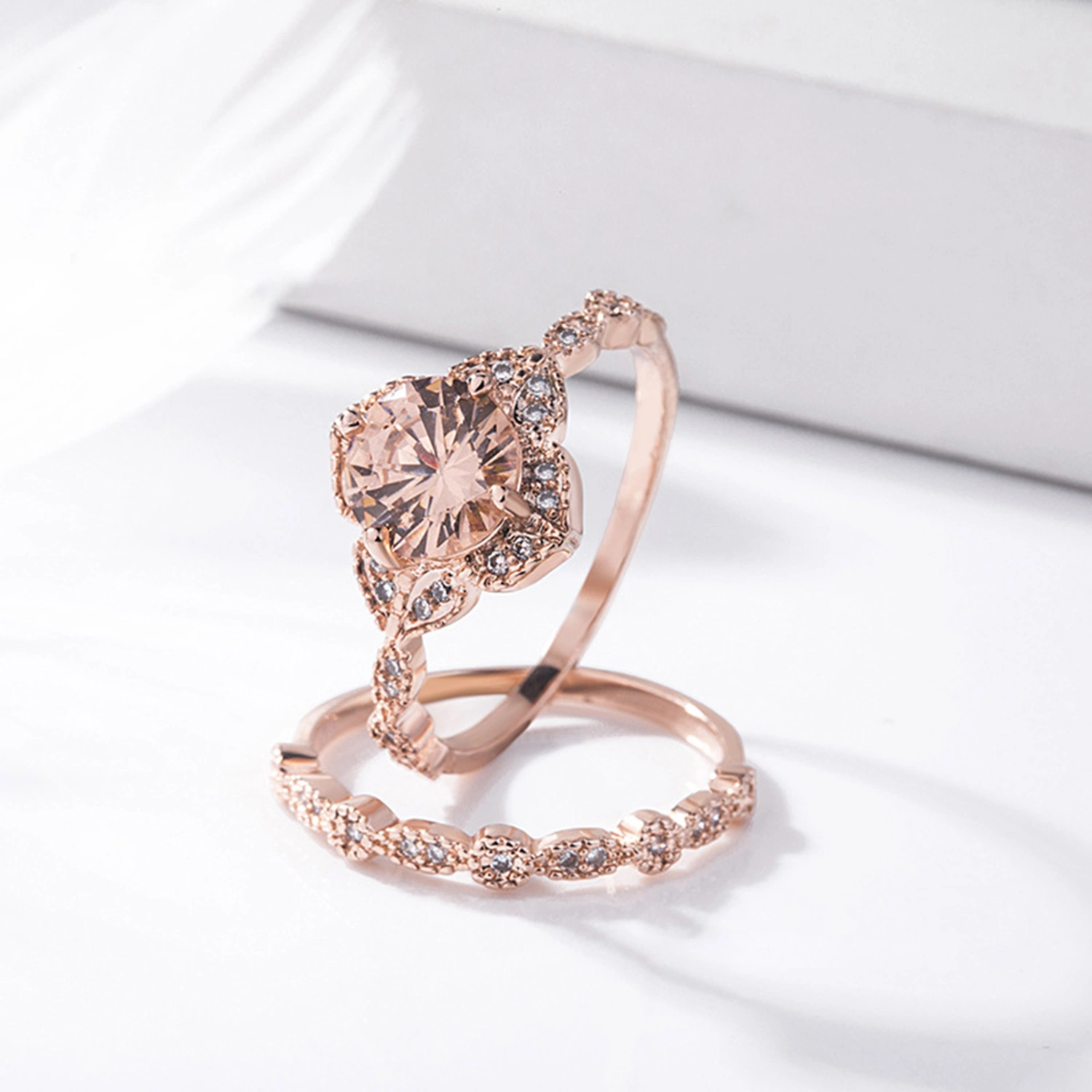1 Set Women Wedding Ring Set Sparkling Anti-rust Exquisite Geometric Electroplated Decorative Reflective Cubic Zirconia Finger Rings Set Gift