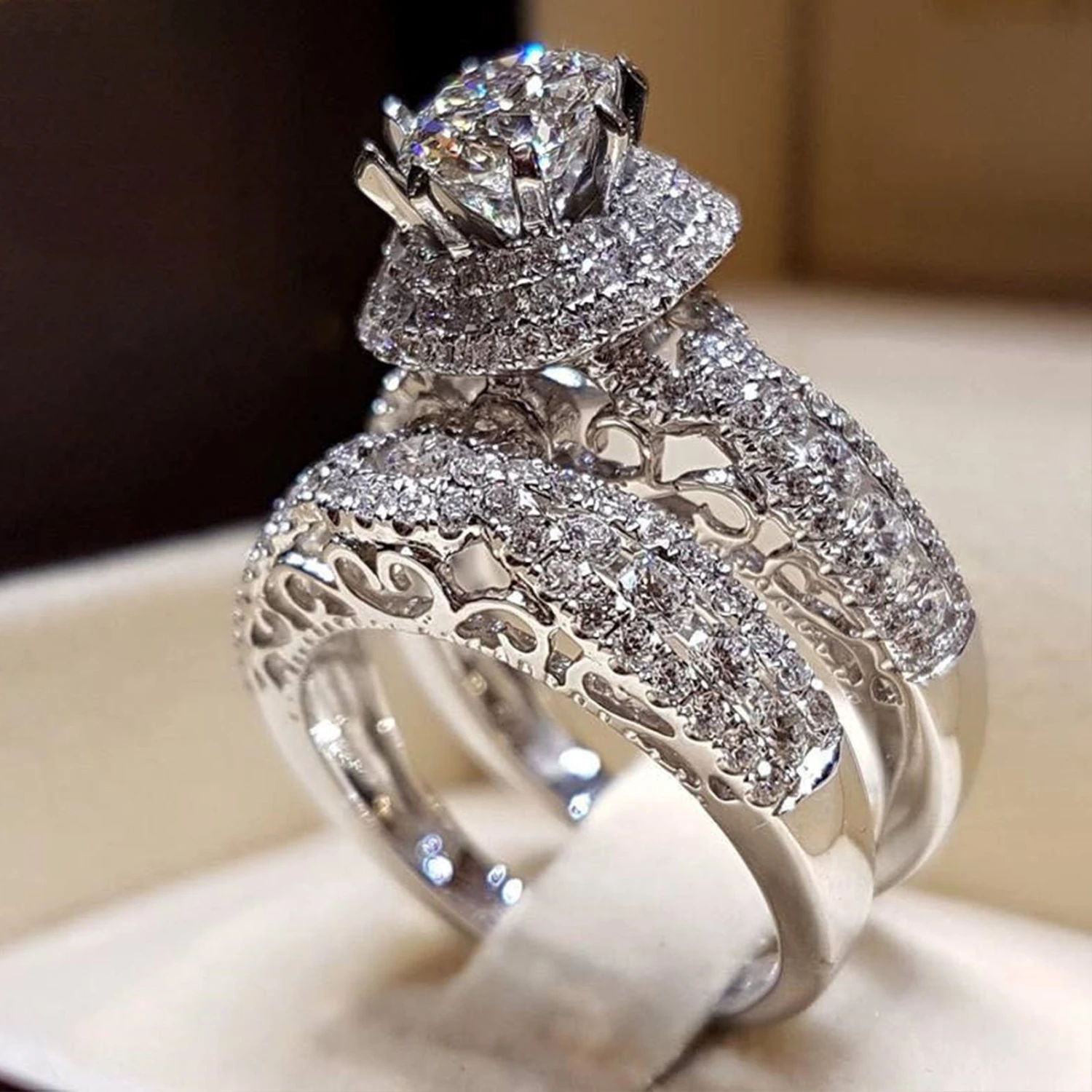 1 Pair Couple Rings Shiny Cubic Zirconia Jewelry Electroplated Exquisite Rings for Wedding