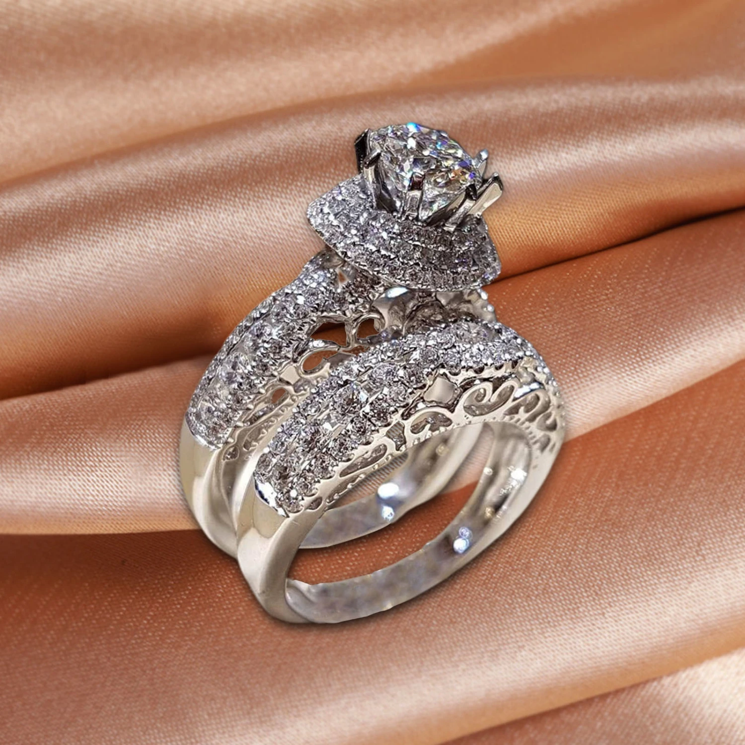1 Pair Couple Rings Shiny Cubic Zirconia Jewelry Electroplated Exquisite Rings for Wedding