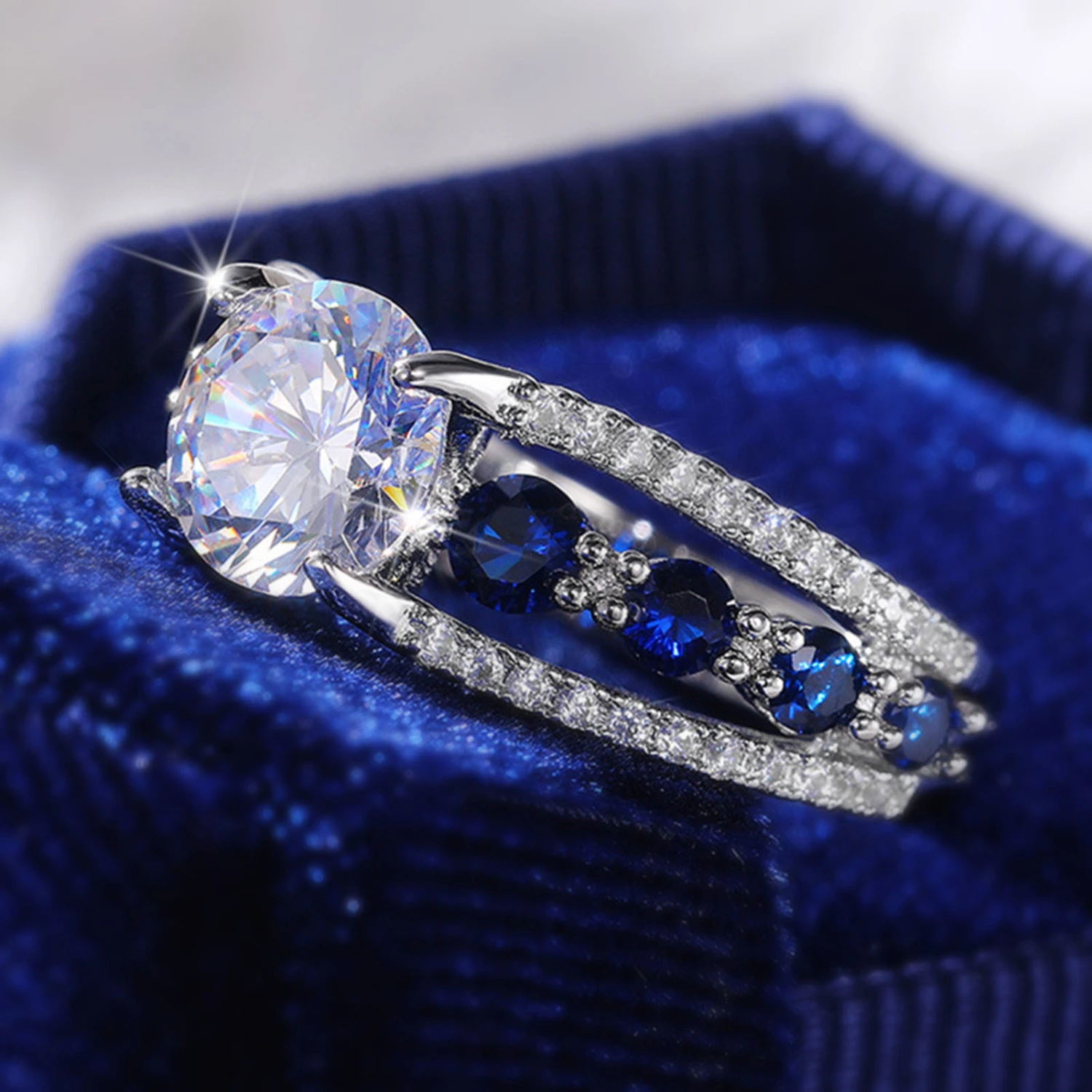 Women Ring Hollow Out Blue Cubic Zirconia Jewelry Rhinestones Finger Ring Birthday Gift