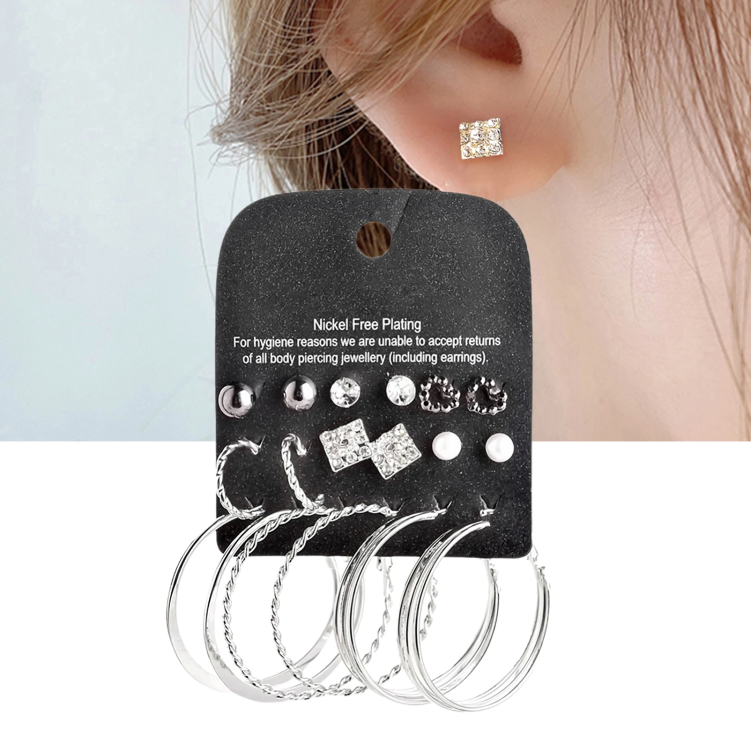 9 Pairs Earring Rhinestone Inlaid Jewelry Gift Alloy Stud Hoop Earrings Set for Dating