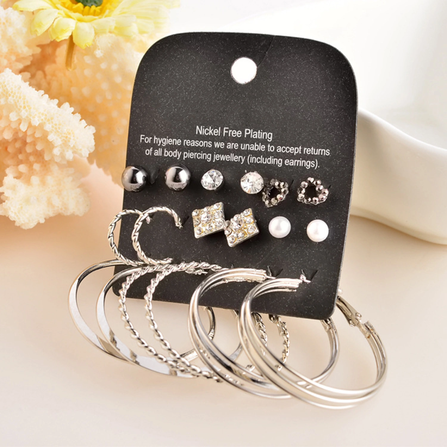 9 Pairs Earring Rhinestone Inlaid Jewelry Gift Alloy Stud Hoop Earrings Set for Dating