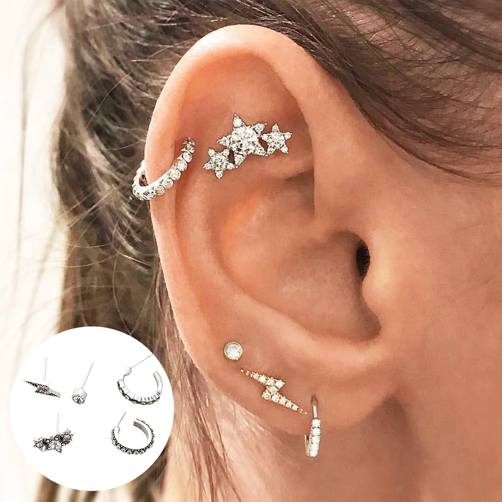 5 Pcs Shiny Rhinestone Stars Lighting Ear Stud Earring Women Charm Jewelry Set