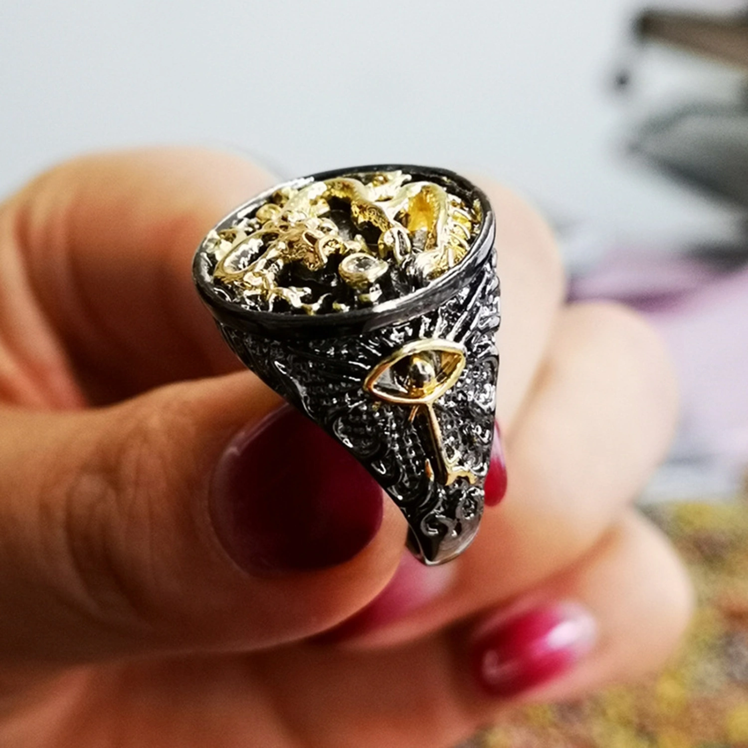 Men Ring Gold Plated Two-tone Vintage Geometric Electroplating Decoration Gift Chinese Dragon Male Finger Ring Jewelry Accessories for Gift