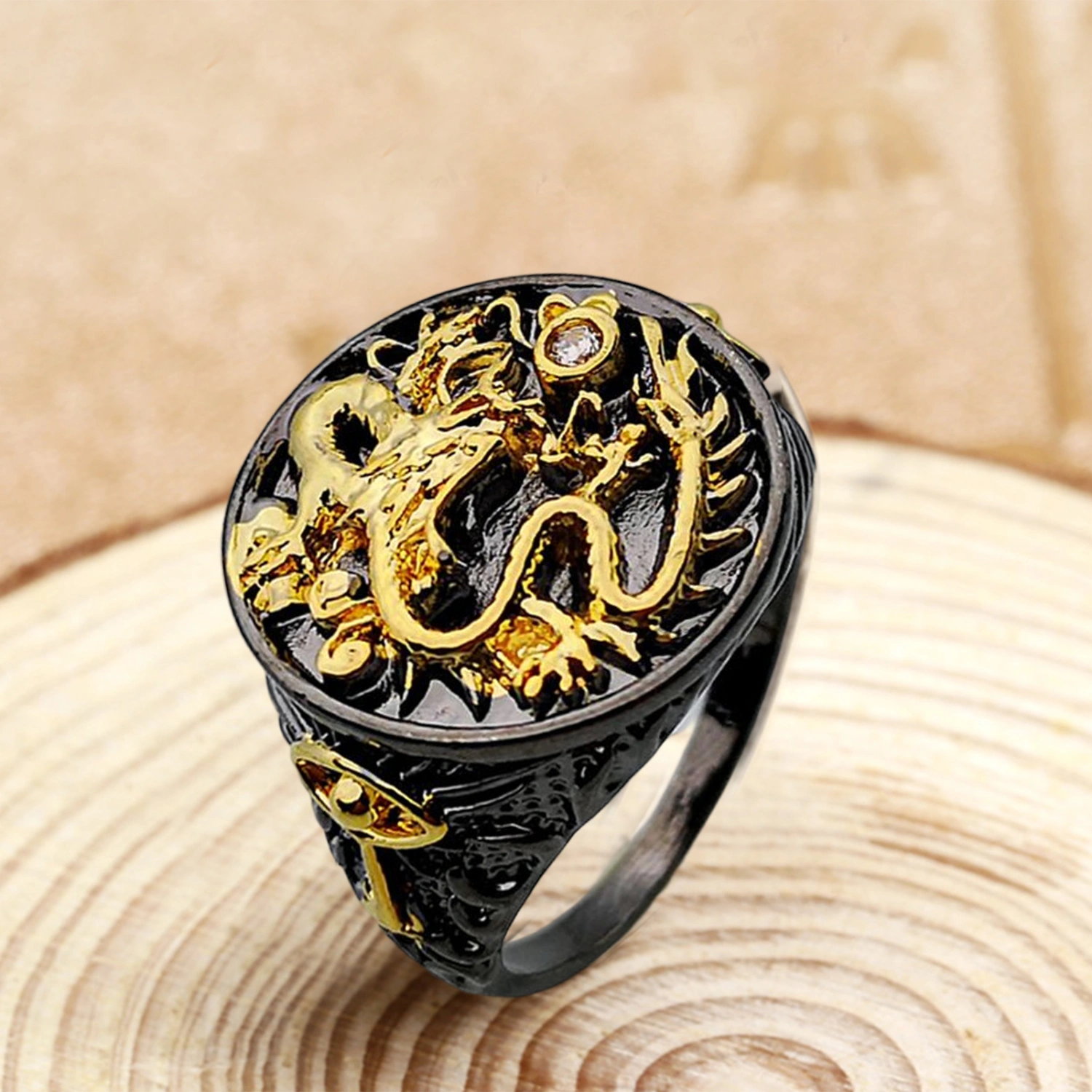 Men Ring Gold Plated Two-tone Vintage Geometric Electroplating Decoration Gift Chinese Dragon Male Finger Ring Jewelry Accessories for Gift