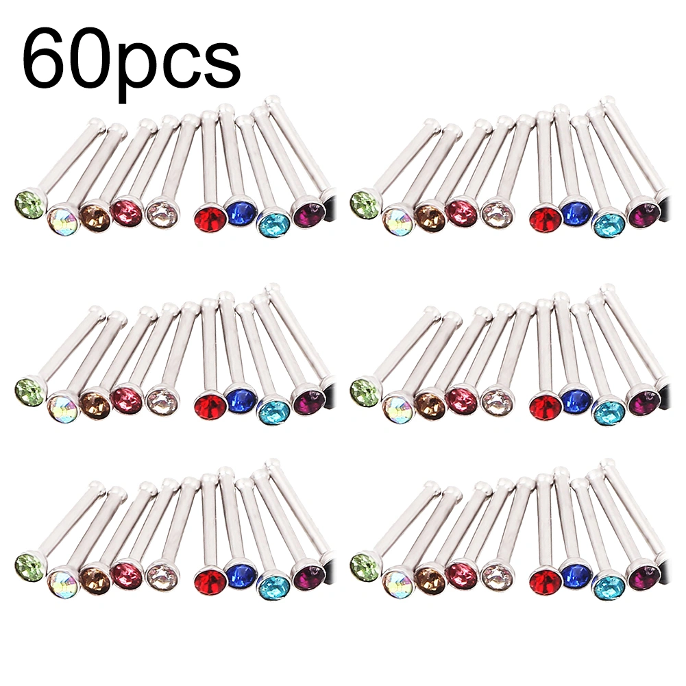 60Pcs/Set Mixed Color Rhinestone Stainless Steel Nose Studs Piercing Jewelry