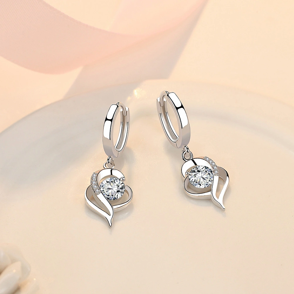 Lady Rhinestone Inlaid Hollow Twisted Heart Dangle Huggie Earrings Jewelry Gift