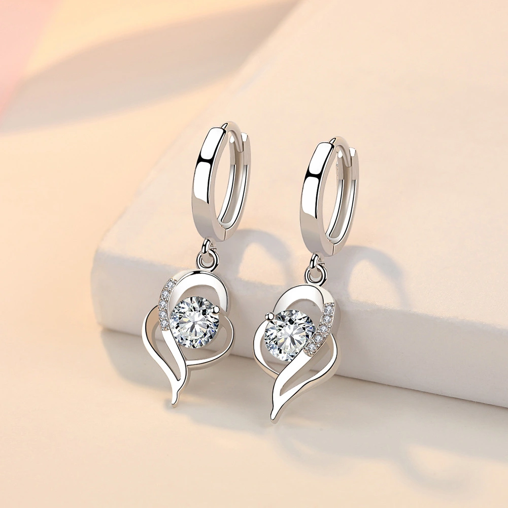 Lady Rhinestone Inlaid Hollow Twisted Heart Dangle Huggie Earrings Jewelry Gift