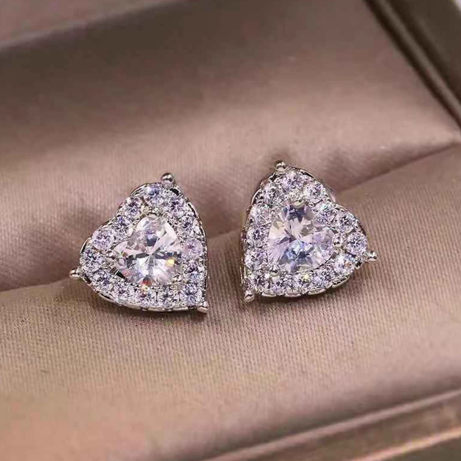 1 Pair Women Stud Earrings Heart Shape Rhinestones Jewelry Lightweight Long Lasting Ear Studs for Wedding