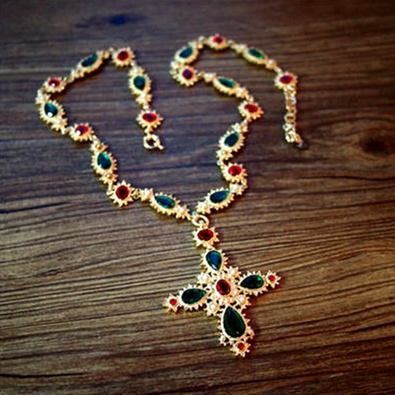 Accessories Vintage Style Cross Colored Stone Necklace