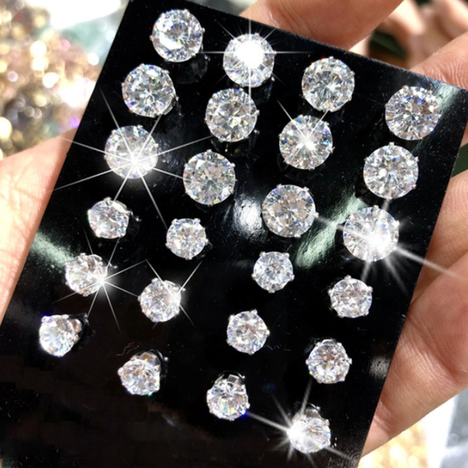 12 Pairs Women Stud Earrings Shiny Rhinestones Jewelry Korean Style Geometry Ear Studs for Prom