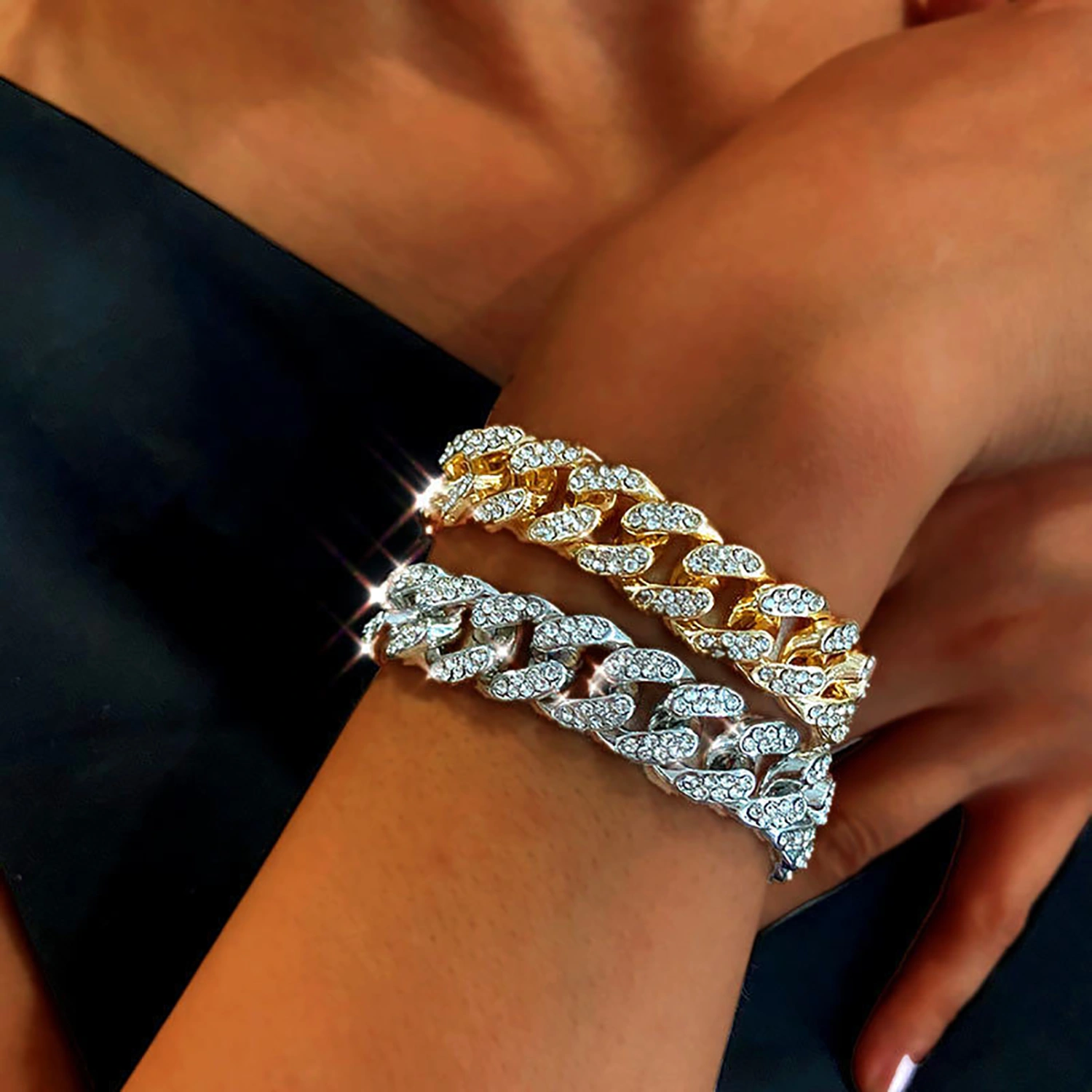 Fashion Women Rhinestone Inlaid Cuban Link Chain Bracelet Jewelry Gift