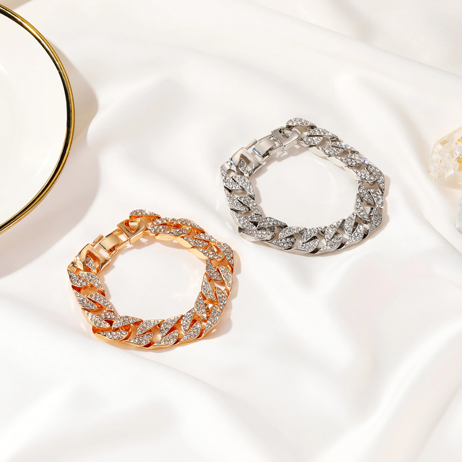 Fashion Women Rhinestone Inlaid Cuban Link Chain Bracelet Jewelry Gift