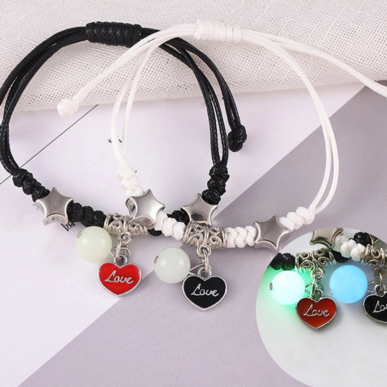 1 Pair Friendship Bracelets Eye-catching Luminous Fine Workmanship Geometric Pendant Decorate Jewelry Cross Adjustable Couple Lover Bracelets for Friends