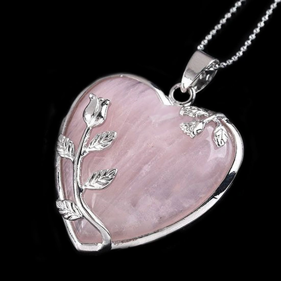 Women's Rose Quartz Alloy Flower Necklace Pendant Heart Inlaid Charm Jewelry