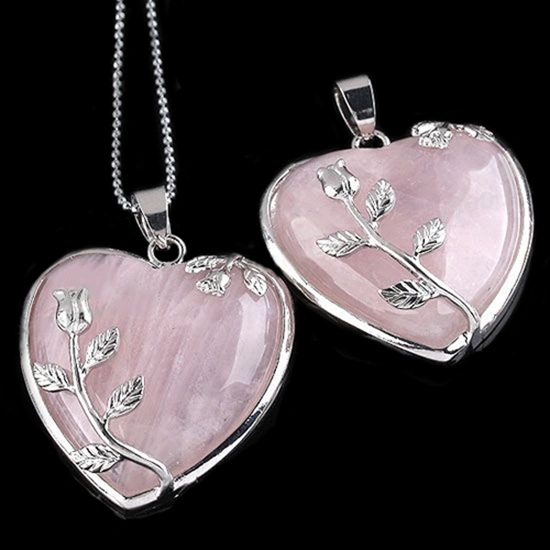 Women's Rose Quartz Alloy Flower Necklace Pendant Heart Inlaid Charm Jewelry