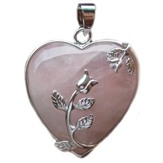 Women's Rose Quartz Alloy Flower Necklace Pendant Heart Inlaid Charm Jewelry