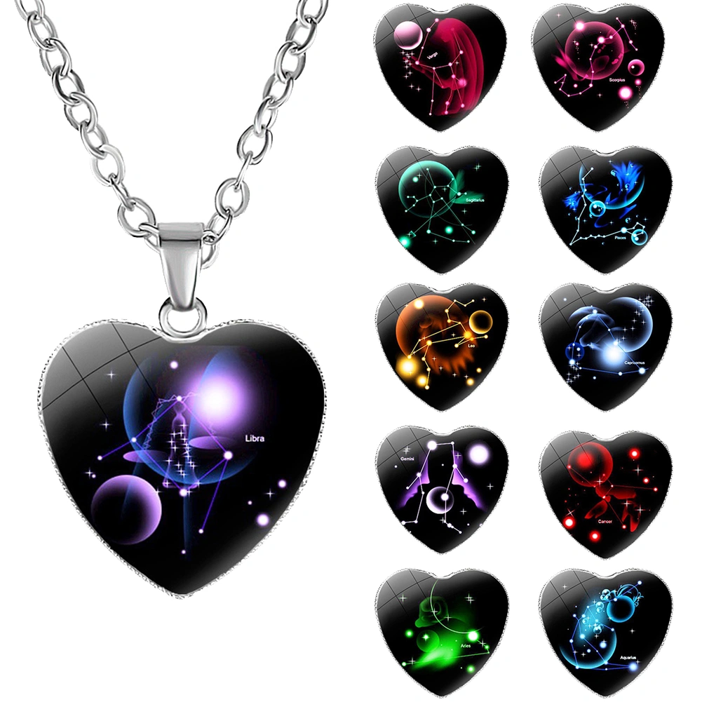 Love Heart Necklace Fashion Charming Glass 12 Zodiac Constellations Sign Pendant for Women