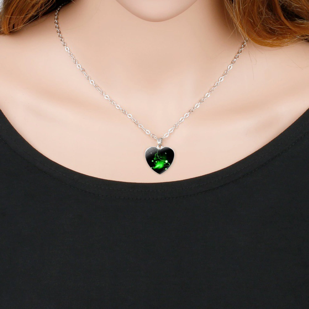 Love Heart Necklace Fashion Charming Glass 12 Zodiac Constellations Sign Pendant for Women