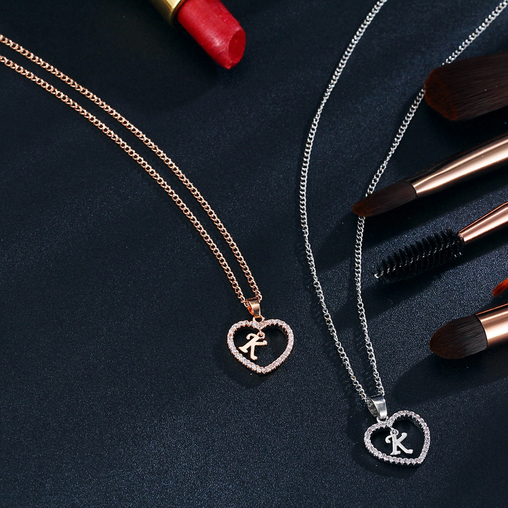 26 Letters Alphabet A To Z Initial Cubic Zirconia Heart Pendant Women Necklace