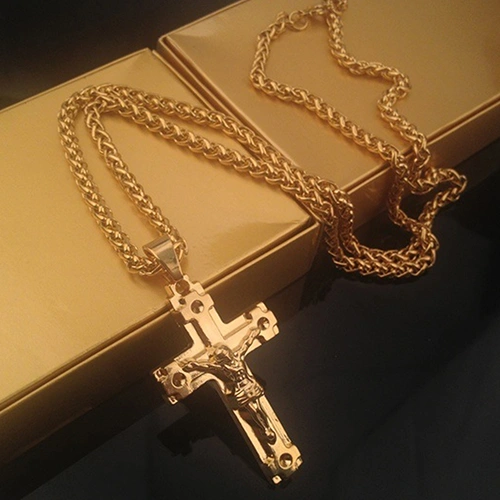 Men's Fashion Jewelry Jesus Cross Pendant Cuban Chain Necklace Sweater Chain