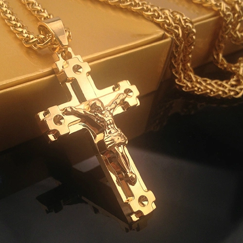 Men's Fashion Jewelry Jesus Cross Pendant Cuban Chain Necklace Sweater Chain