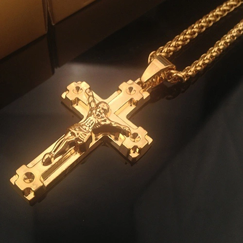 Men's Fashion Jewelry Jesus Cross Pendant Cuban Chain Necklace Sweater Chain