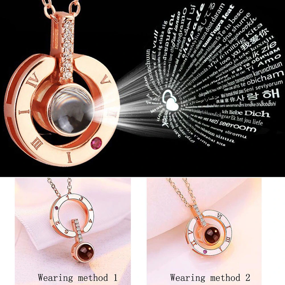 Round Shape Rhinestone Inlaid I LOVE YOU in 100 Languages Projection Necklace