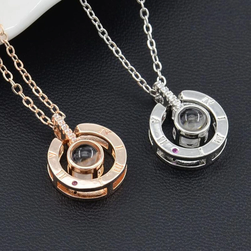 Round Shape Rhinestone Inlaid I LOVE YOU in 100 Languages Projection Necklace