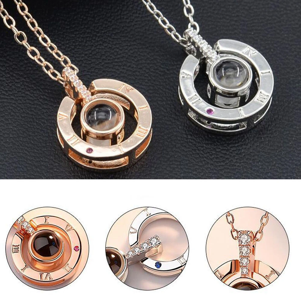 Round Shape Rhinestone Inlaid I LOVE YOU in 100 Languages Projection Necklace