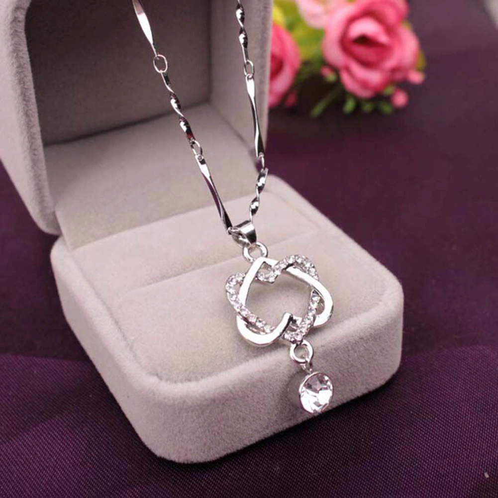 Women Double Heart Concentric Pendant Rhinestone Inlaid Chain Necklace Jewelry
