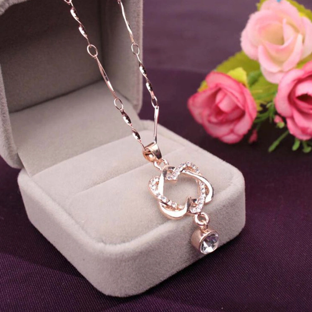 Women Double Heart Concentric Pendant Rhinestone Inlaid Chain Necklace Jewelry