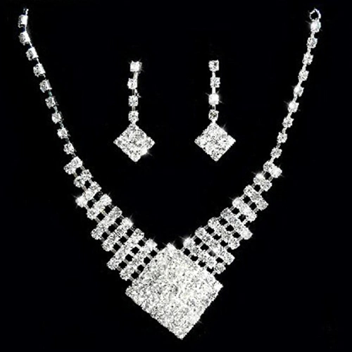 Lady White Gold Plated Rhinestone Bridal Wedding Pendant Necklace Earrings Set