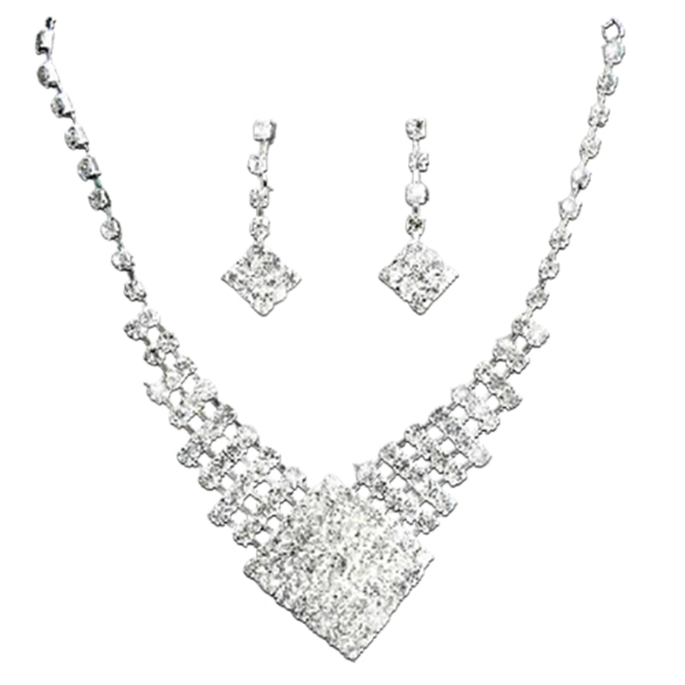 Lady White Gold Plated Rhinestone Bridal Wedding Pendant Necklace Earrings Set