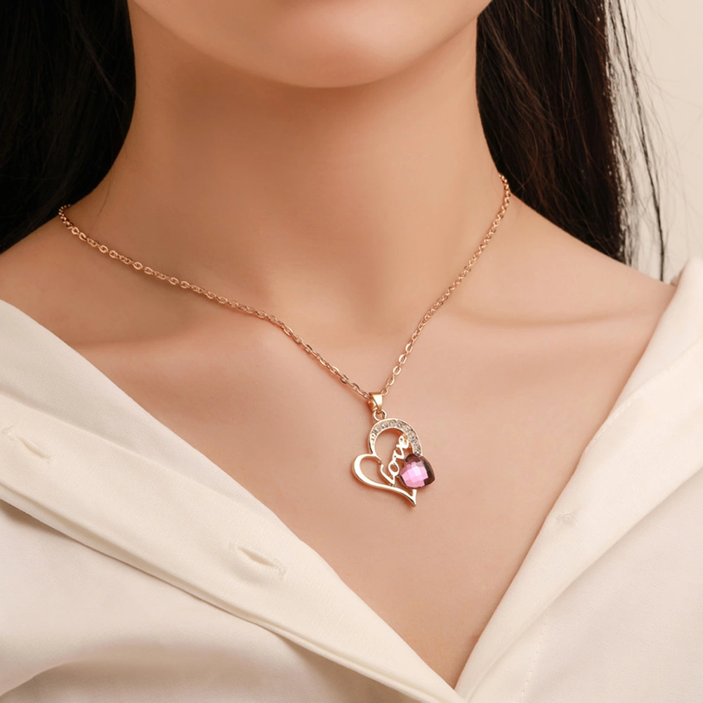 Love Heart Pendant Necklace Rhinestone Inlaid Earrings Ring Women Jewelry Set