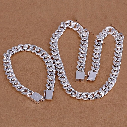 Fashion Men's 925 Sterling Silver Flat Sideways Necklace Bracelet Jewelry Set