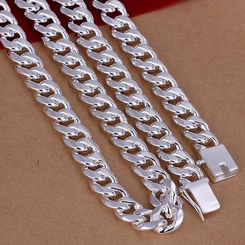 Fashion Men's 925 Sterling Silver Flat Sideways Necklace Bracelet Jewelry Set