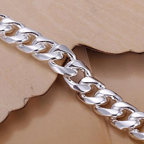 Fashion Men's 925 Sterling Silver Flat Sideways Necklace Bracelet Jewelry Set