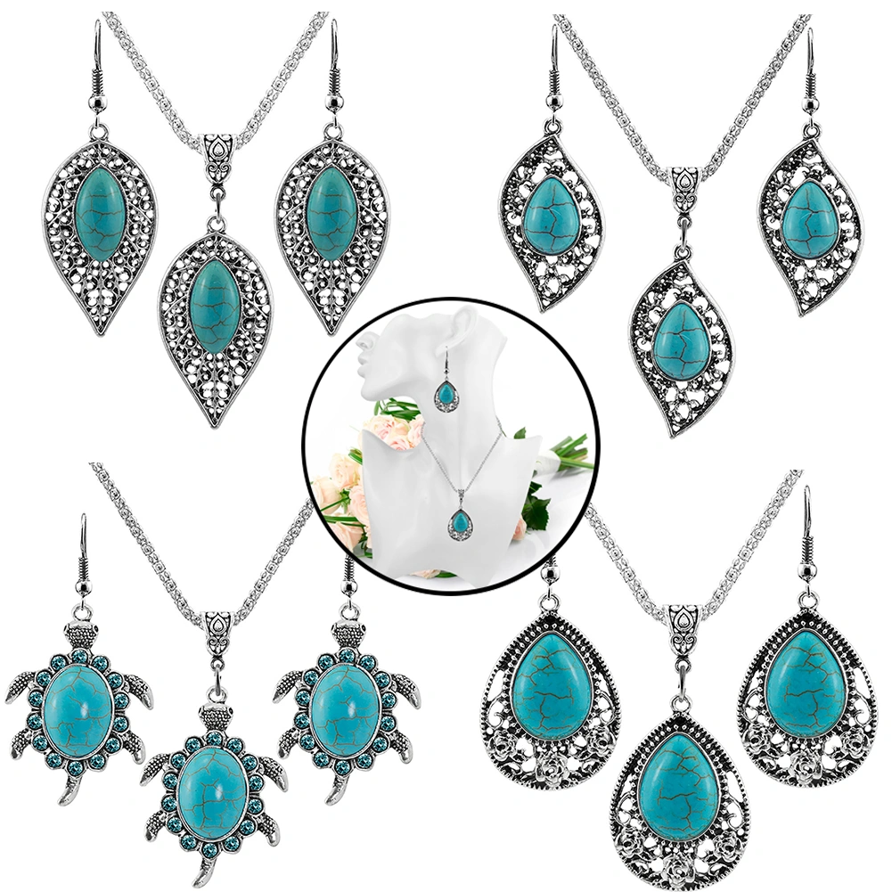 3Pcs/Set Vintage Women Faux Turquoise Turtle Drop Leaf Pendant Earrings Jewelry