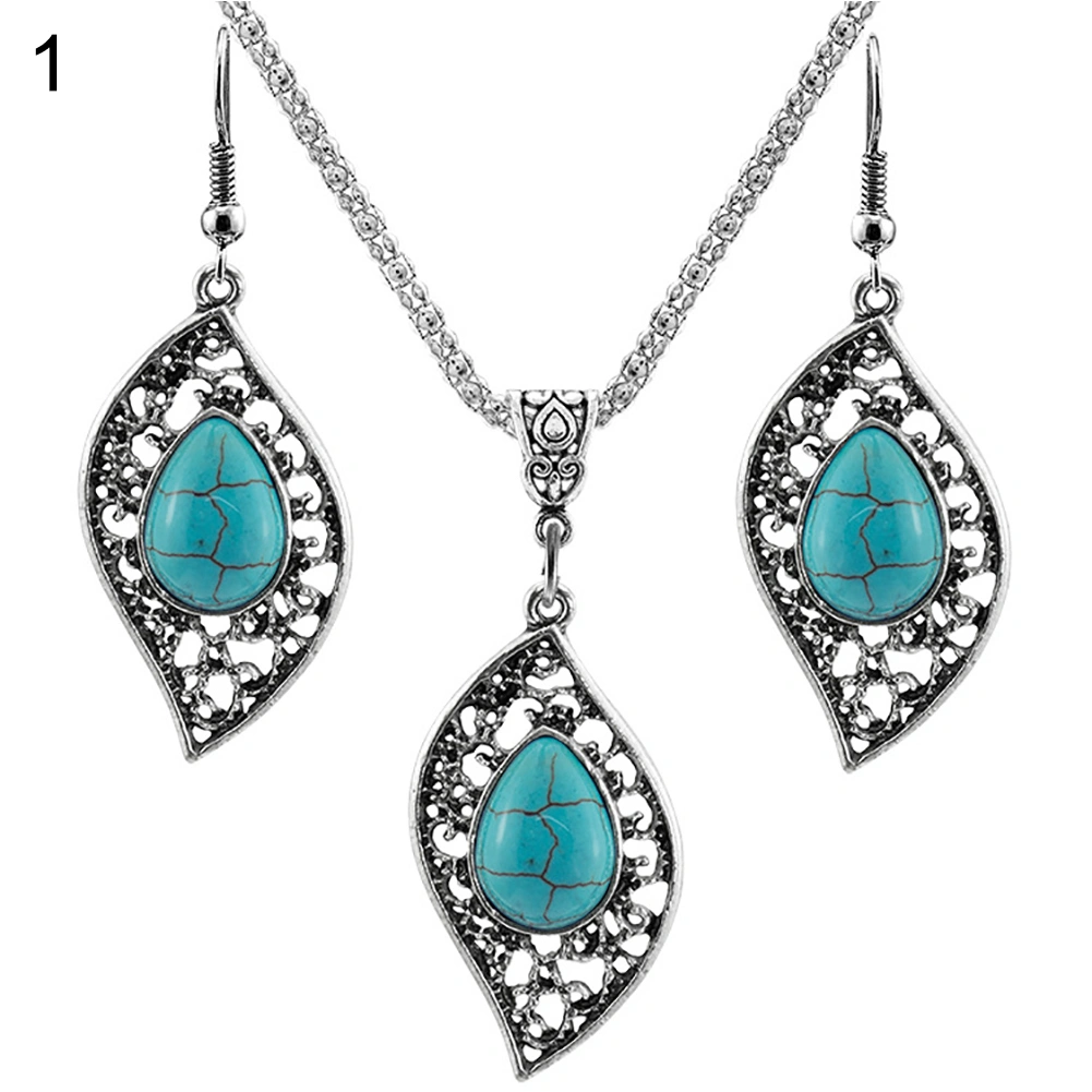3Pcs/Set Vintage Women Faux Turquoise Turtle Drop Leaf Pendant Earrings Jewelry