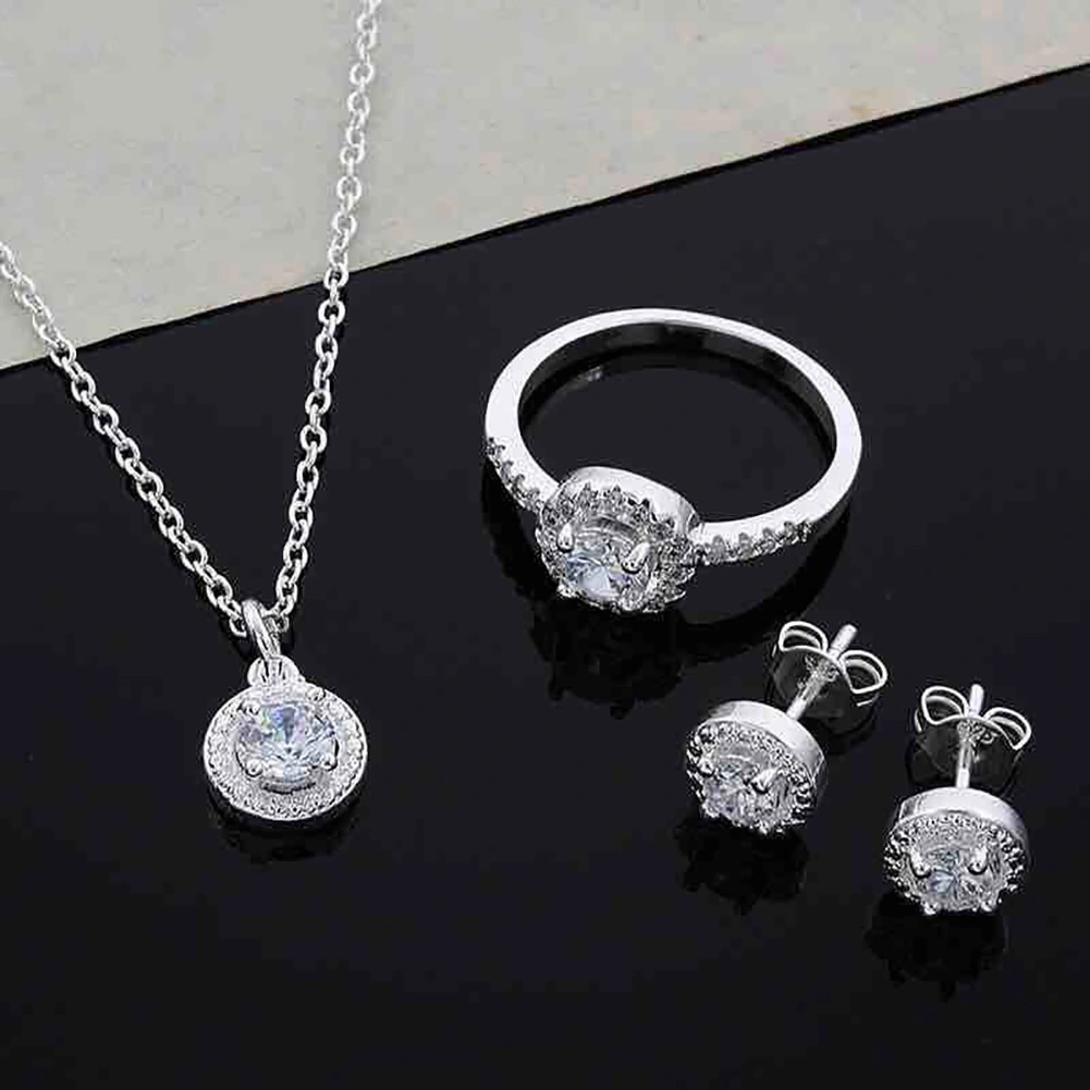 Women Round Zircon Ear Studs Open Ring Necklace Fashion Party Jewelry Charm Set