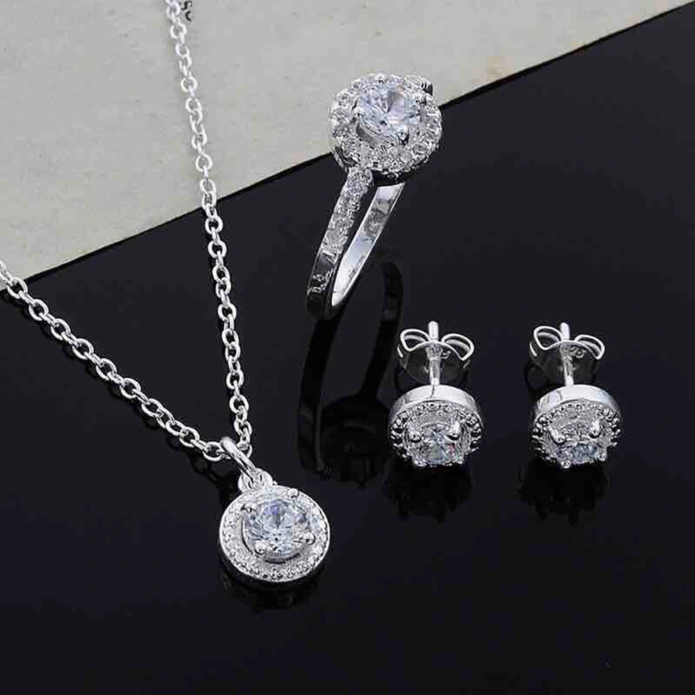 Women Round Zircon Ear Studs Open Ring Necklace Fashion Party Jewelry Charm Set