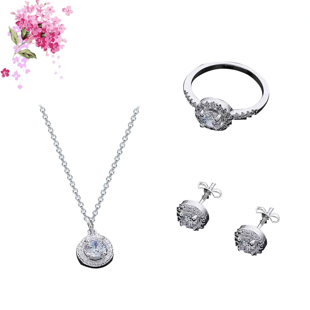 Women Round Zircon Ear Studs Open Ring Necklace Fashion Party Jewelry Charm Set