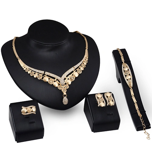 Women's Bridal Gift Flower Round Drop Collar Necklace Bracelet Ring Earrings Set