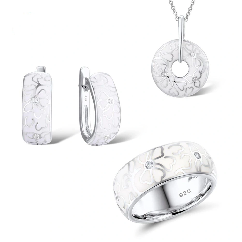 Women Rhinestone Flower Round Pendant Chain Necklace Huggie Earrings Finger Ring