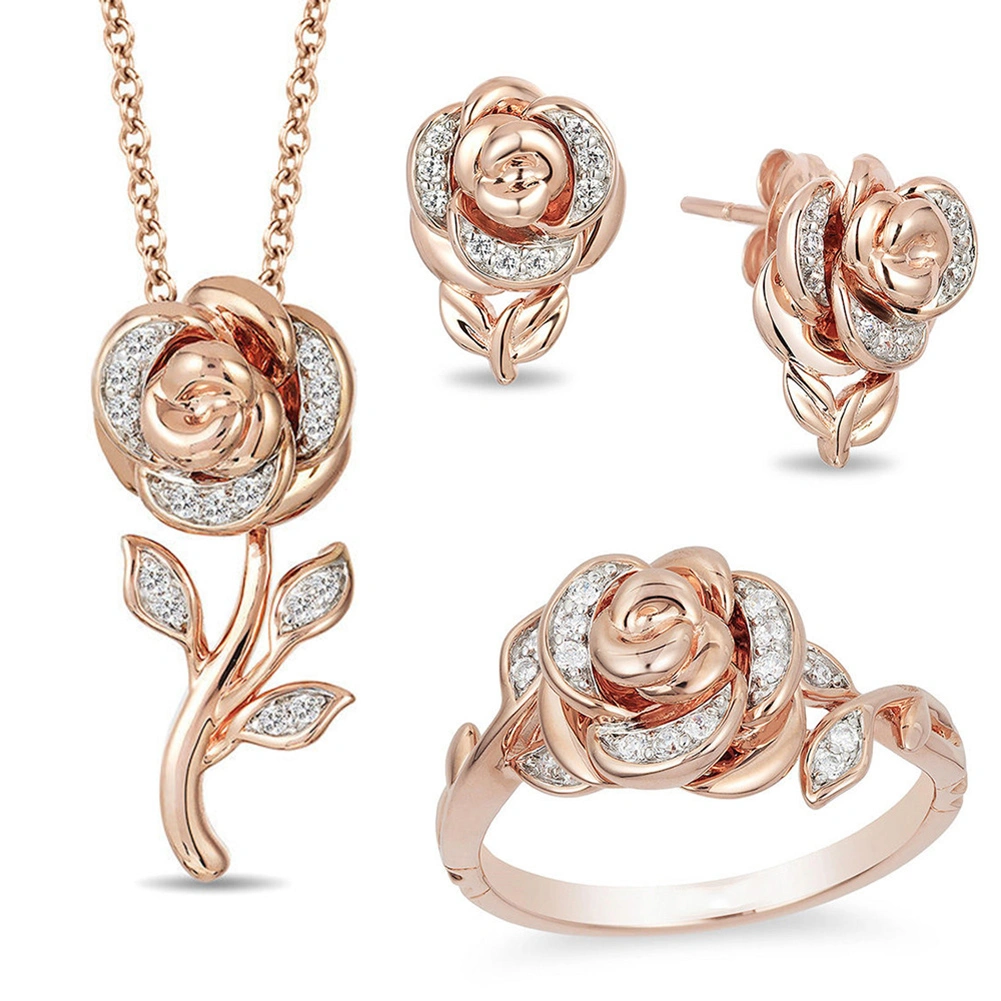 Women Fashion Rhinestone Rose Flower Pendant Necklace Earrings Ring Jewelry Gift