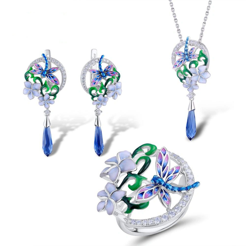 Women Enamel Flower Dragonfly Rhinestone Pendant Necklace Earrings Ring Jewelry