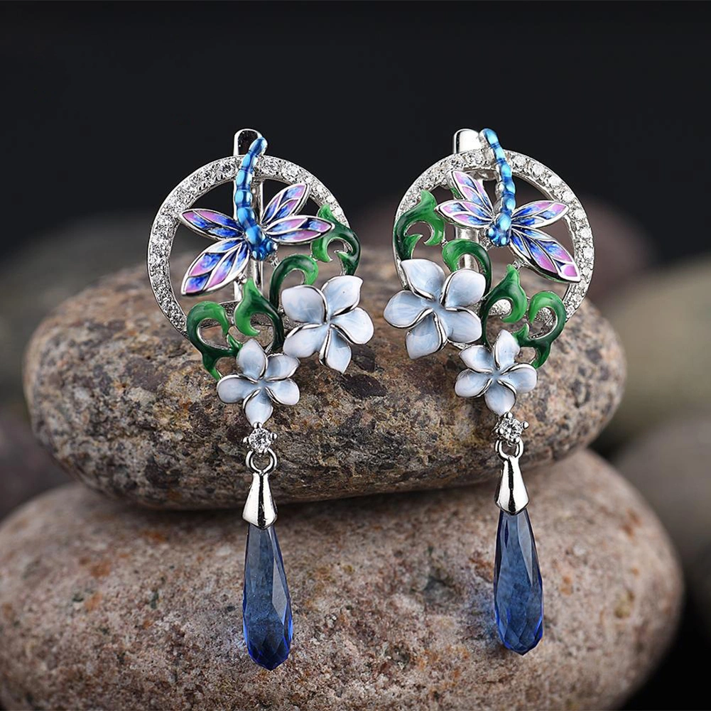 Women Enamel Flower Dragonfly Rhinestone Pendant Necklace Earrings Ring Jewelry