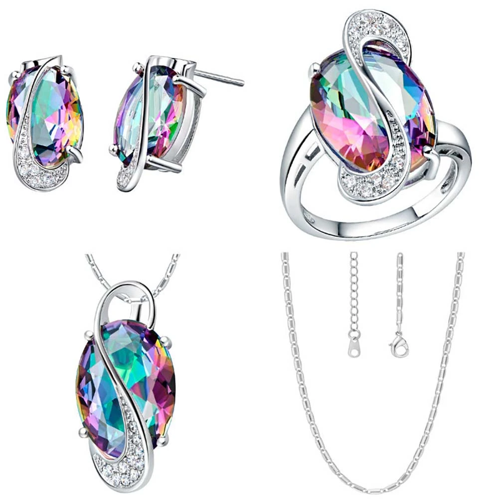 Fashion Women Rainbow Faux Topaz Pendant Necklace Earrings Ring Jewelry Set